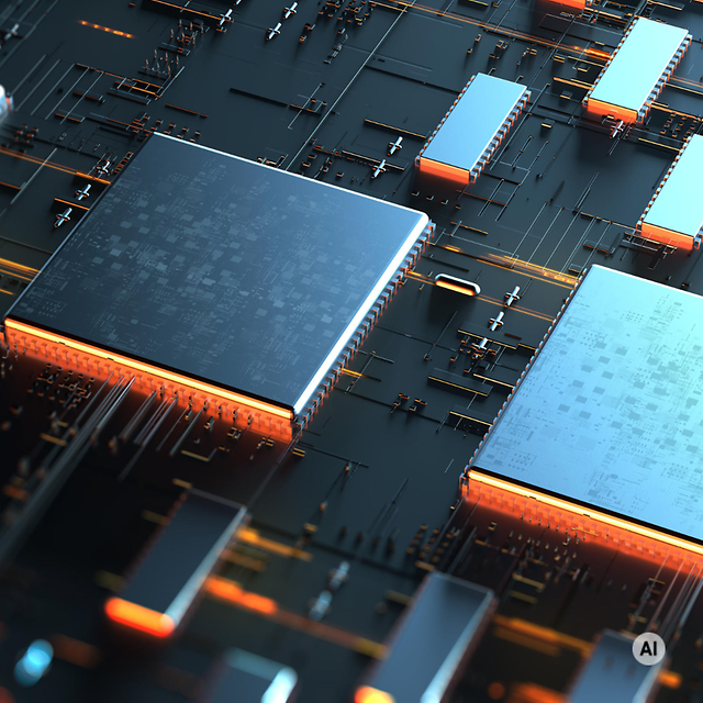 A close-up of a computer circuit board for IoT hardware featuring microchips that glow silver and orange.