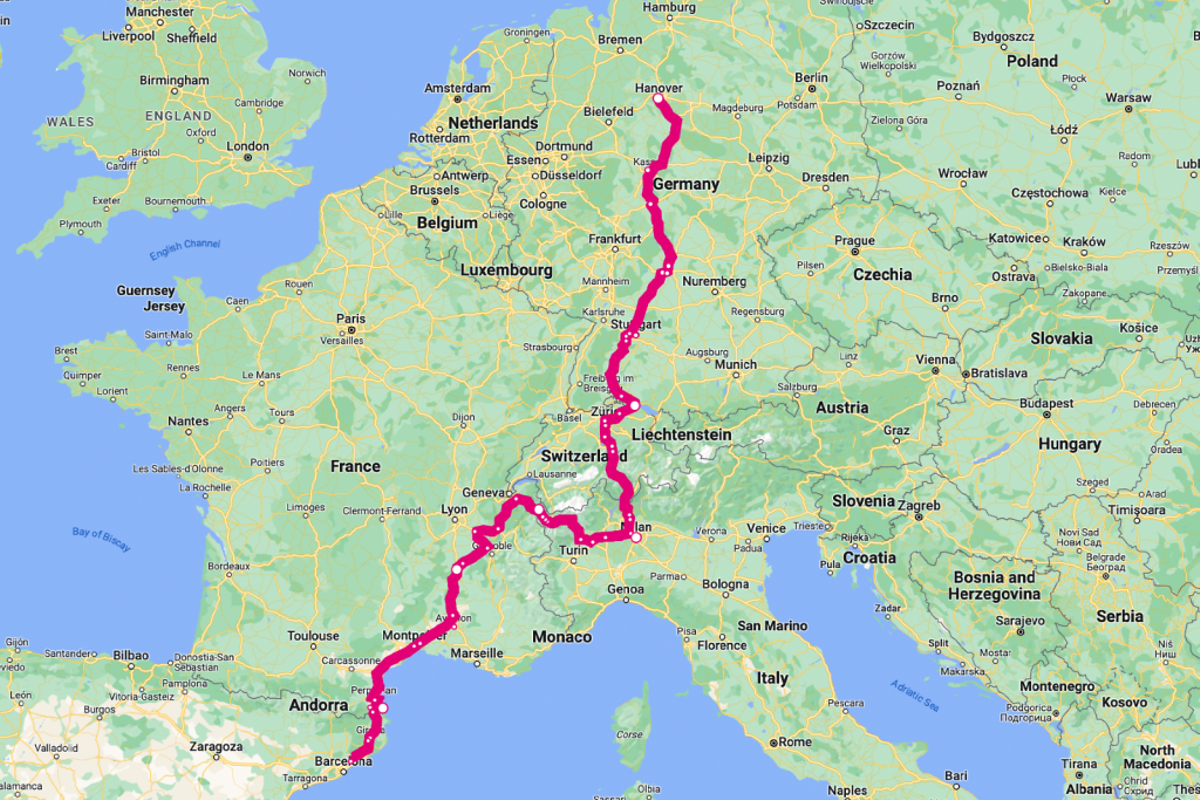 Map from Google Maps with the route from Hanover to Barcelona