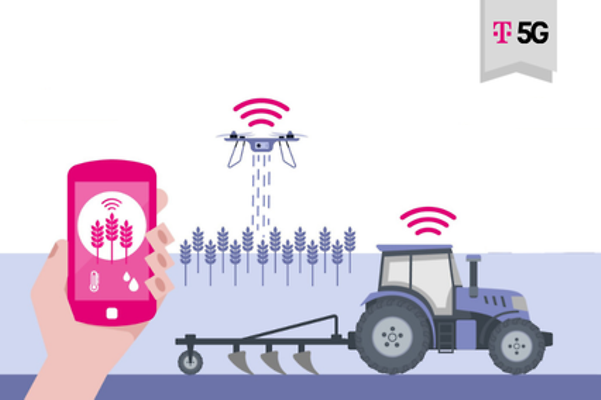 Stylized illustration showing various IoT devices in an agricultural environment.