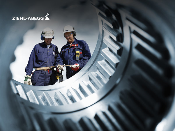 Two engineers photographed through a gear shaft.