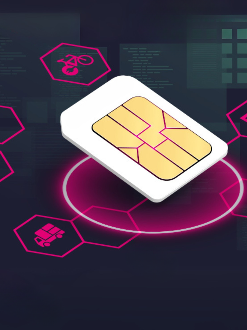 IoT SIM card with abstract lines and various icons.