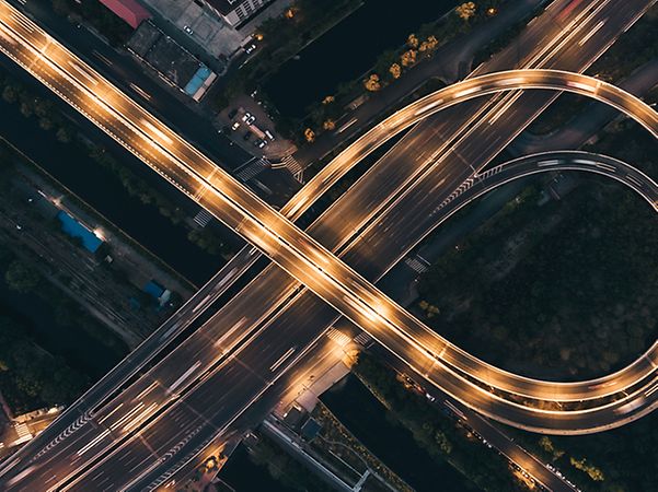 Freeway at night from bird's eye view