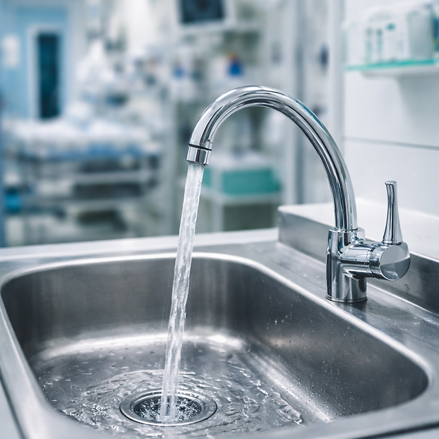 Water is running from a tap into a sink.