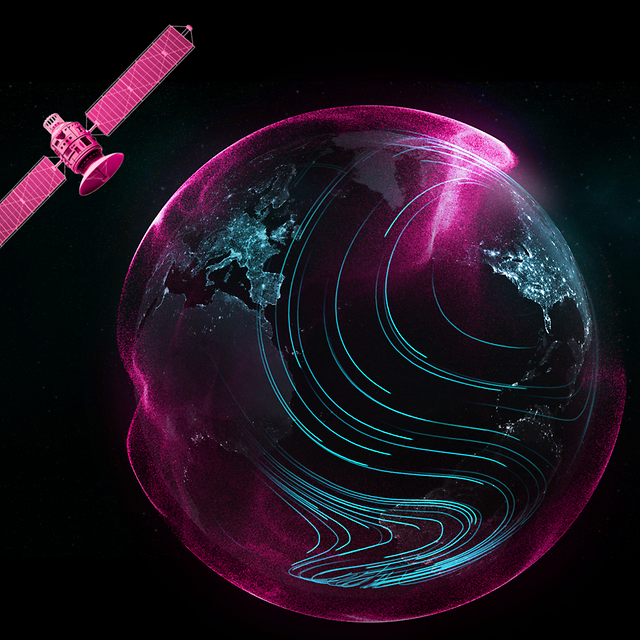 En satellit kretsar runt jorden, omgiven av rosa och blå dataströmmar för global IoT-uppkoppling