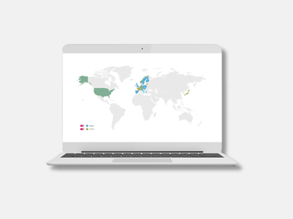 En bärbar dator som visar en världskarta över den internationella täckningen för NB-IoT- och LTE-M-nätverk.