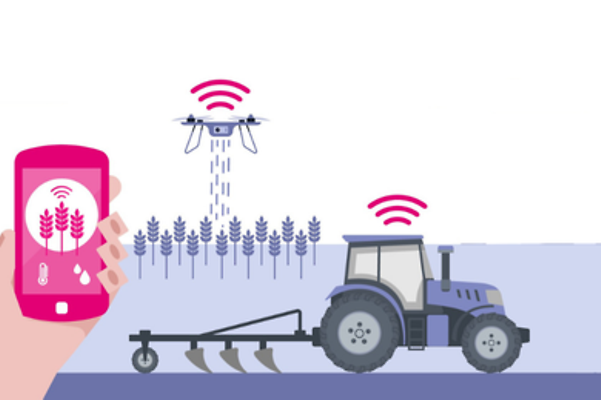 Ilustración estilizada de un tractor y un dron que utilizan aplicaciones de IoT en operaciones agrícolas.