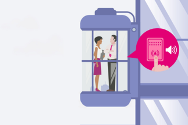 Ilustración estilizada de dos personas en un ascensor que utilizan funciones de IoT.