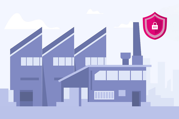 Ilustración de una fábrica con el símbolo de seguridad del IoT para el cifrado IPsec.