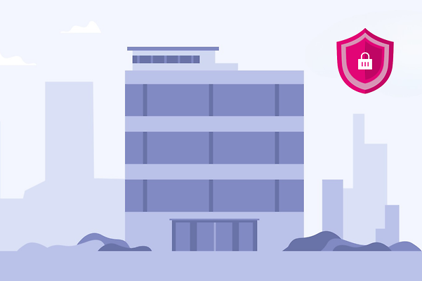 Ilustración de un edificio de oficinas con el símbolo de seguridad del IoT para una conexión OpenVPN.