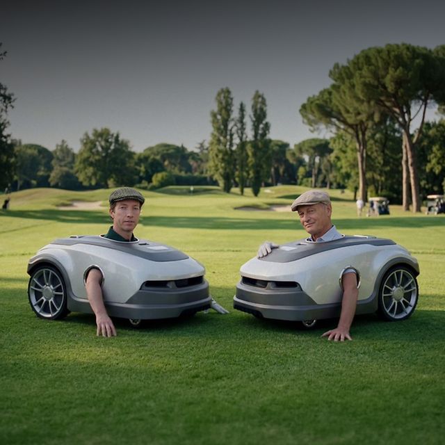 Two persons in lawn mower costumes on a golf court