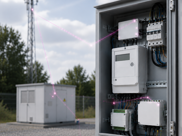 Geöffneter Schaltschrank mit Smart-Meter-Gateway und vernetzten Komponenten vor Funkmast und Energieinfrastruktur.