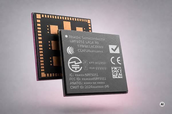 Nordic nRF9151 wireless module, showing the front and back