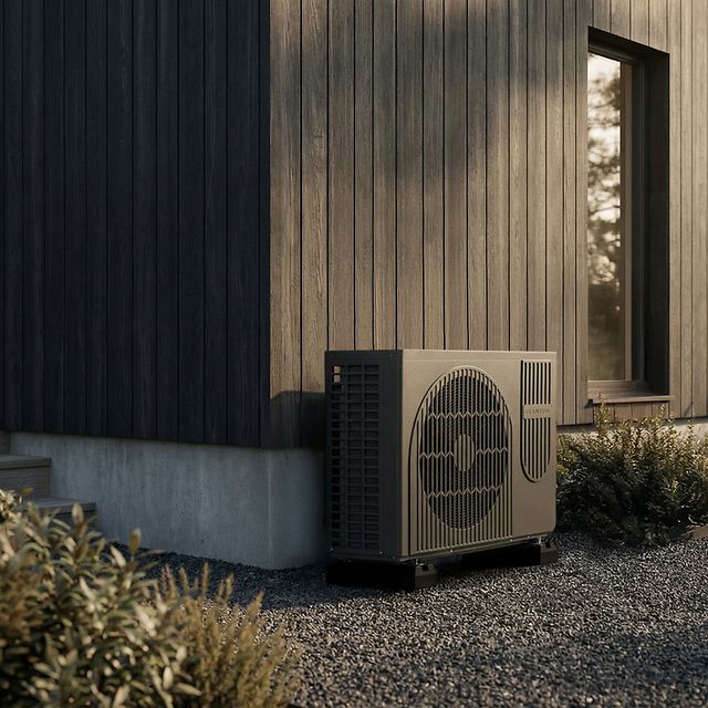 Außeneinheit einer Luft-Wasser-Wärmepumpe neben einem modernen Wohnhaus mit Holzfassade.