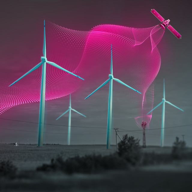 Windräder mit abstraktem Schleier, der ein Netz darstellt, in magenta Farben.