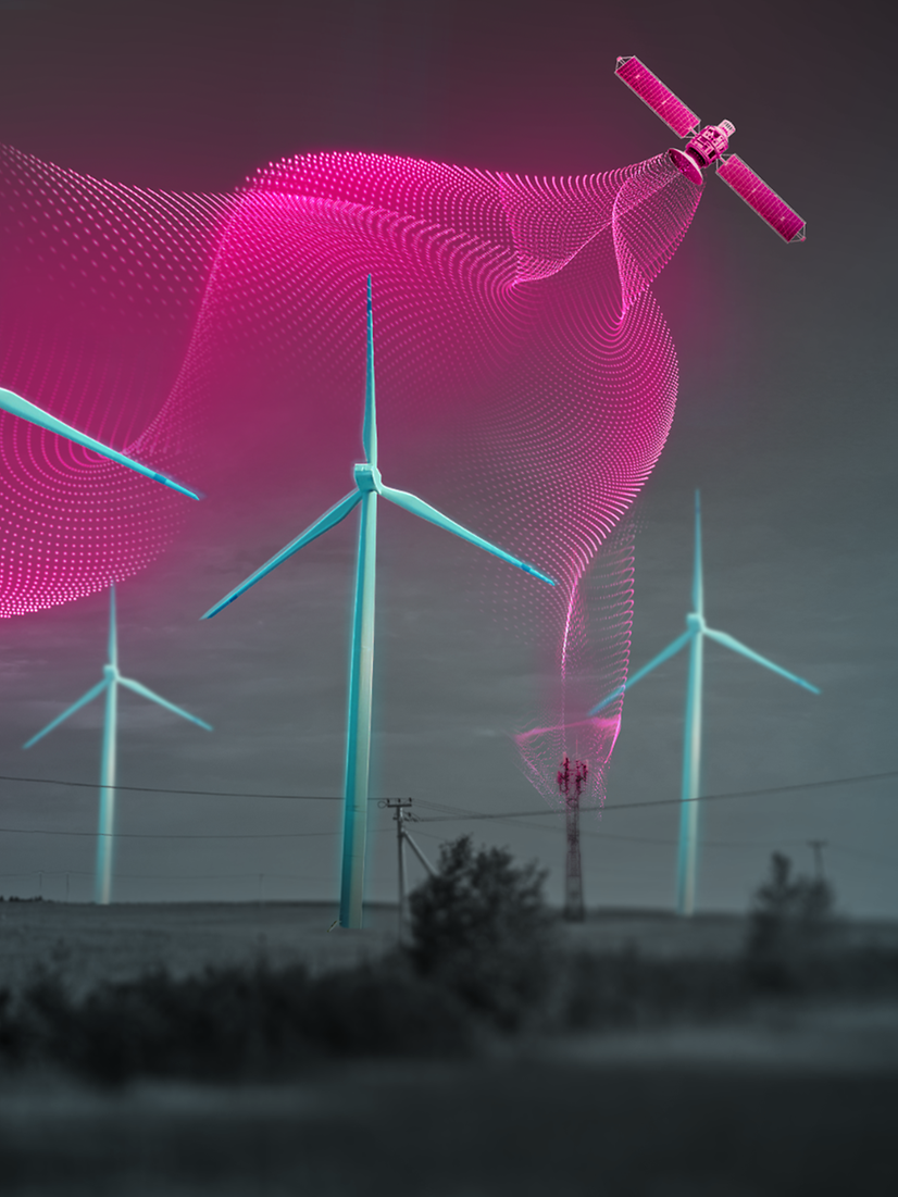 Windräder mit abstraktem Schleier, der ein Netz darstellt, in magenta Farben.