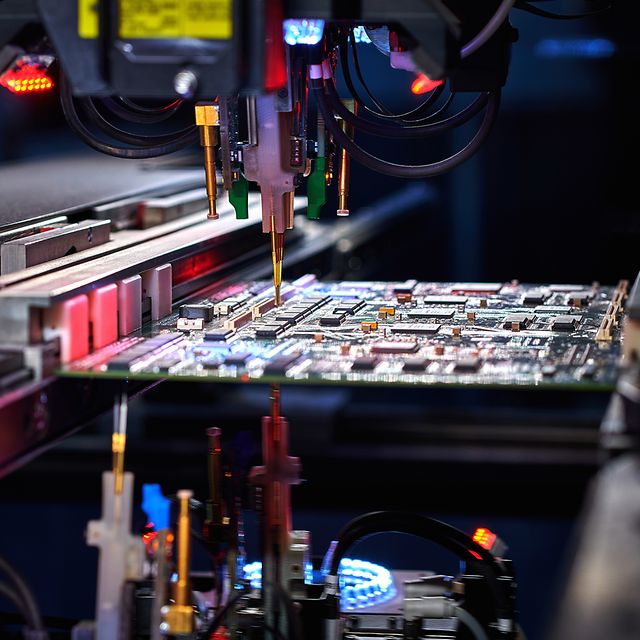 Roboterarm mit IoT Hardware montiert elektronische Bauteile in moderner Fertigungsumgebung.