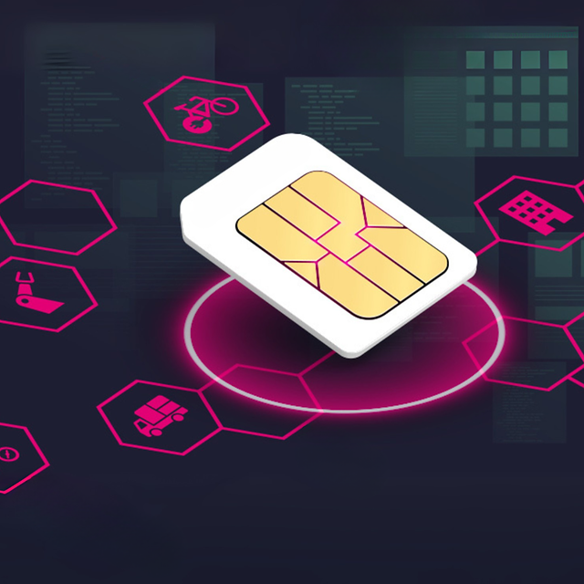 IoT SIM Karte mit abstrakten Linien und verschiedenen Icons.
