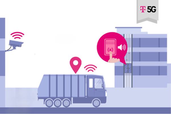 Stilisierte Grafik, die verschiedene IoT Use Cases in einer einer urbanen Umgebung darstellt.