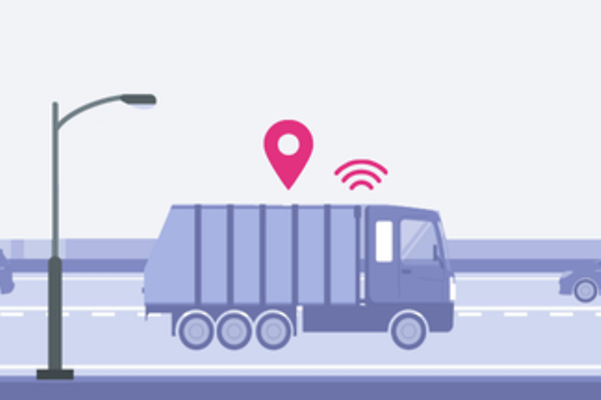 Stilisierte Grafik von zwei Personen im Aufzug, die IoT Funktionalität nutzen
