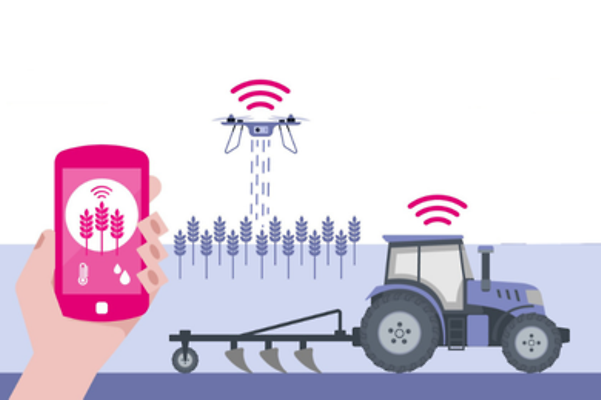 Stilisierte Grafik von einem Traktor und einer Drohne, die im landwirtschaftlichen Betrieb IoT-Anwendungen nutzen.