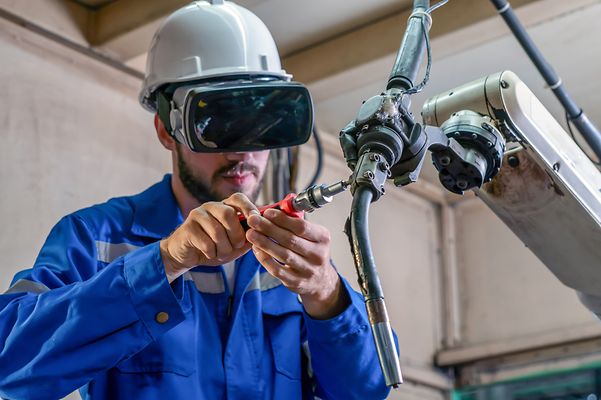 Ingenieur mit VR-Brille arbeitet an einer Maschine.
