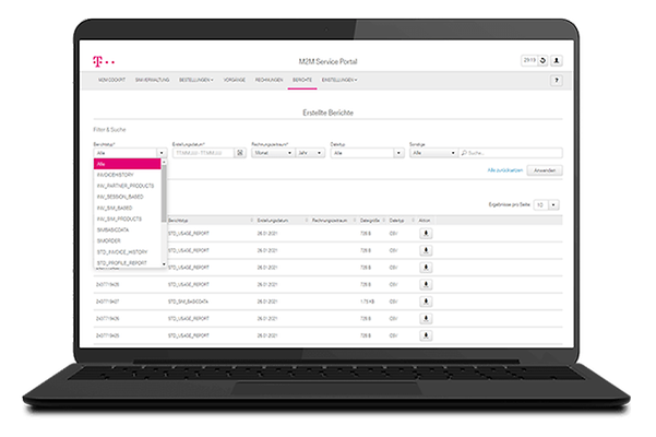 Laptopbildschirm zeigt Übersicht zu Berichten im M2M Service Portal