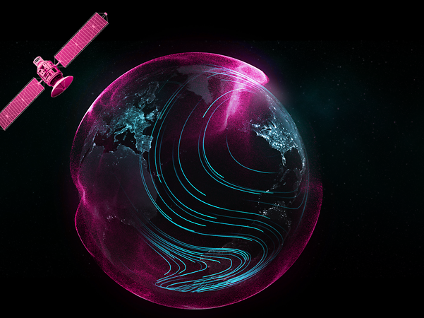 Ein Satellit umkreist die Erde, umgeben von rosa und blauen Datenströmen für globale IoT Connectivity