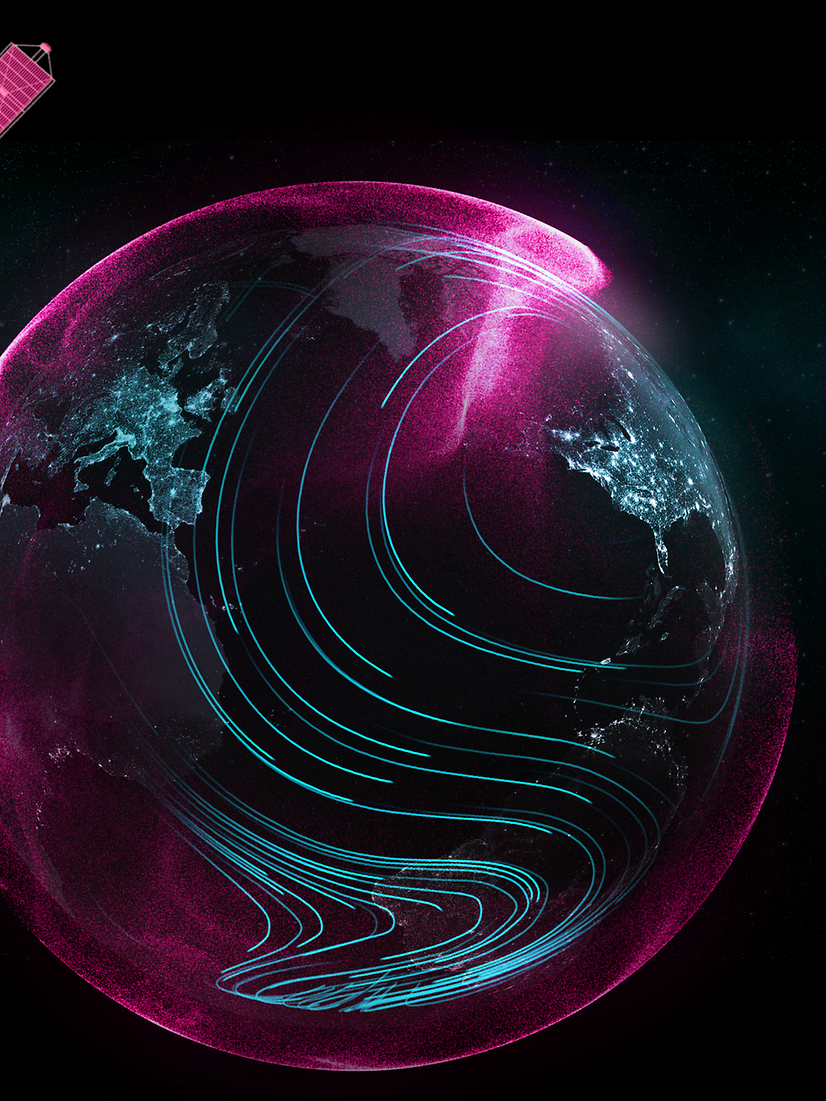 Ein Satellit umkreist die Erde, umgeben von rosa und blauen Datenströmen für globale IoT Connectivity
