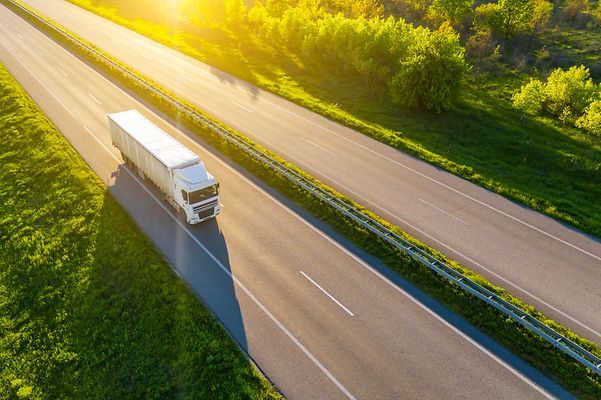 Ein LKW fährt auf einer Autobahn, die von üppigem Grün gesäumt wird