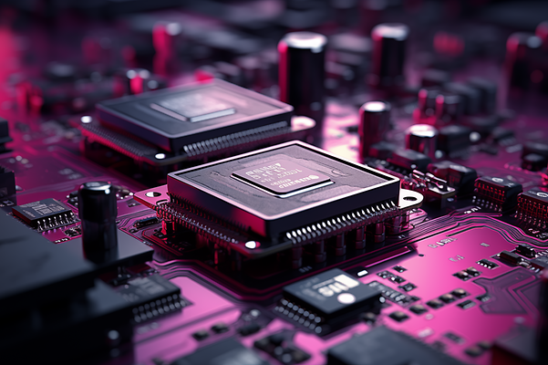 Close-up of a computer circuit board with two central microchips.
