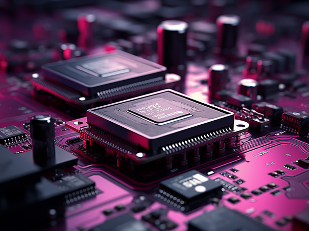 Close-up of a computer circuit board with two central microchips.