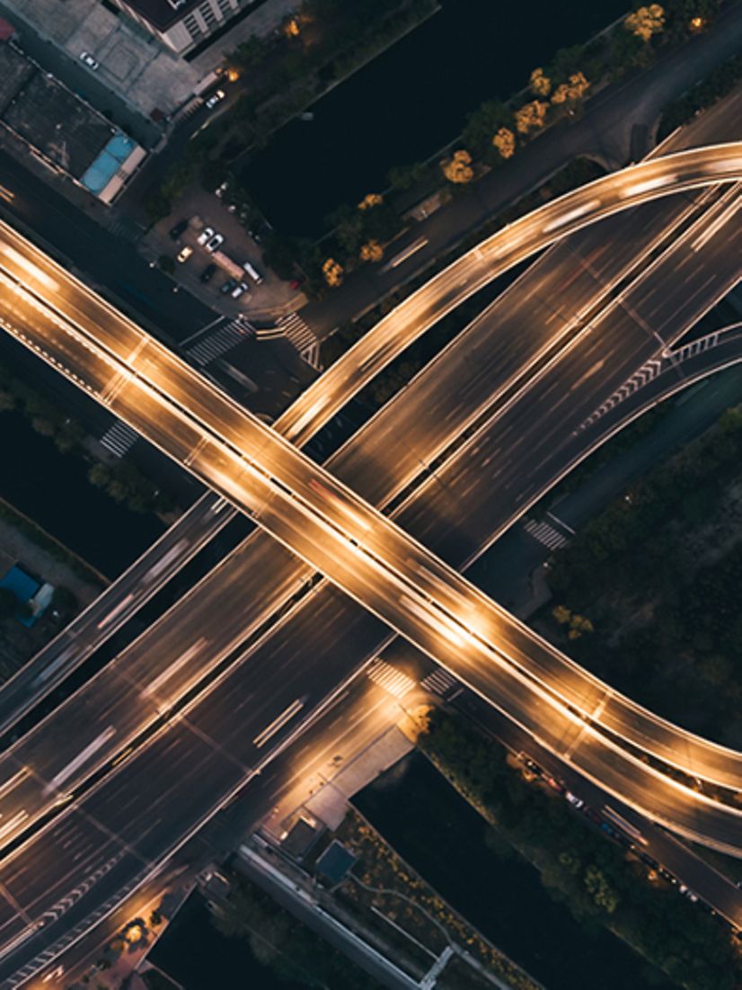 Freeway at night from bird's eye view