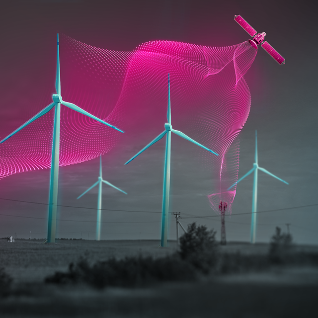 Wind turbines with abstract veil representing a net, in magenta colors.