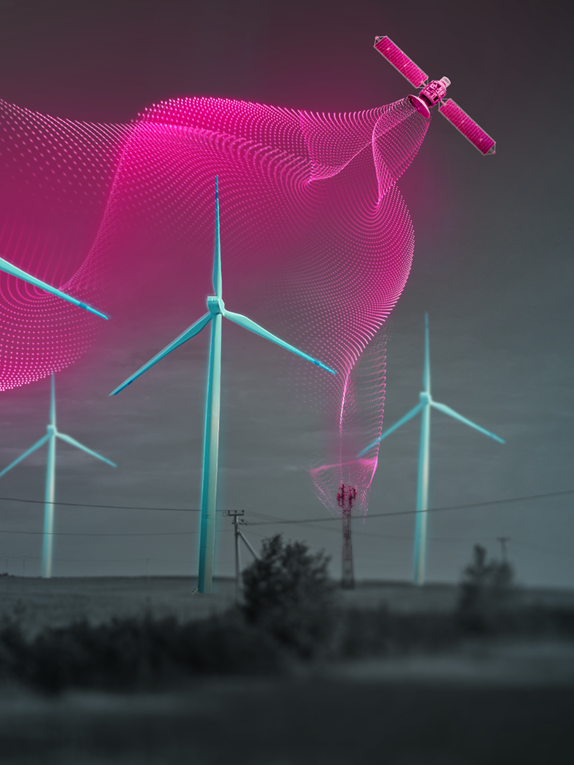 Wind turbines with abstract veil representing a net, in magenta colors.