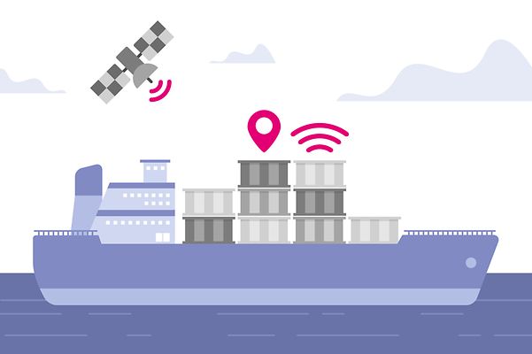 Stylized graphic shows containers tracked by Satellite IoT on a container ship.