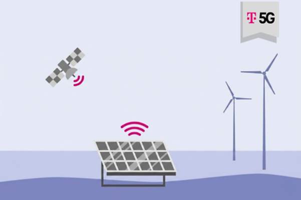 Stylized graphic shows solar park networked via Satellite IoT.