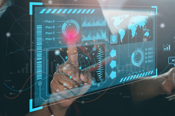 Hand controls holographic data on a digital platform from Telekom IoT.
