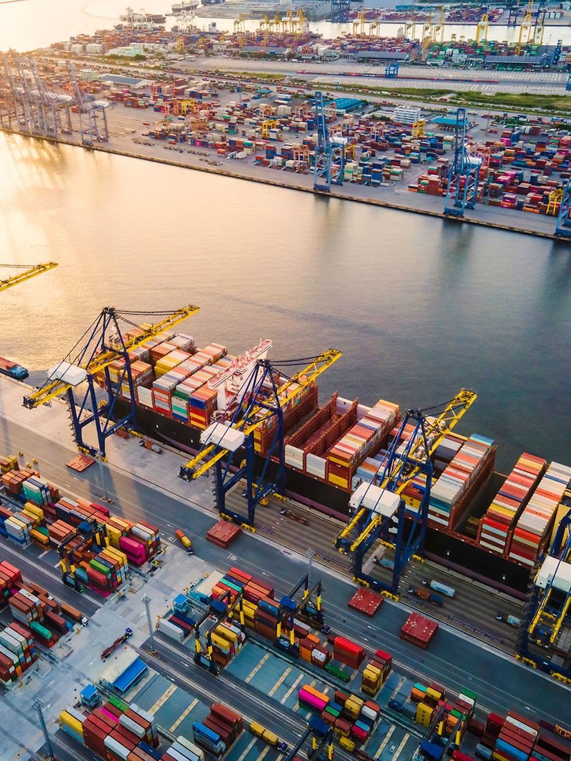 View from above: Container port with some overhead cranes